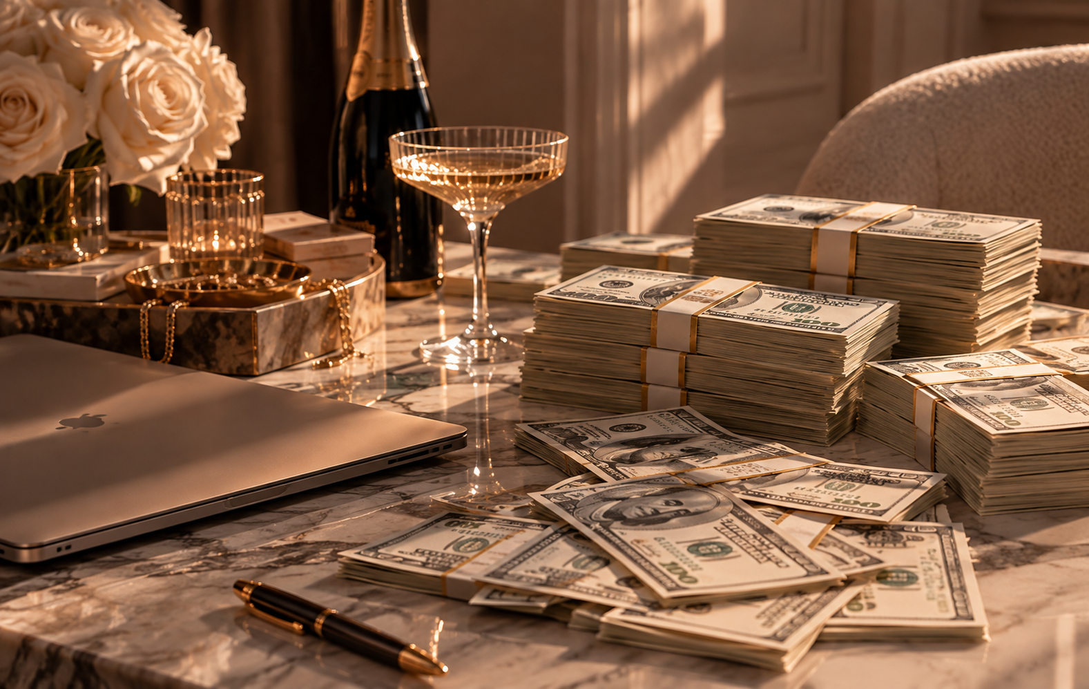 Stacks of dollar bills arranged on a marble table alongside a laptop, jewellery and champagne in a luxurious setting.