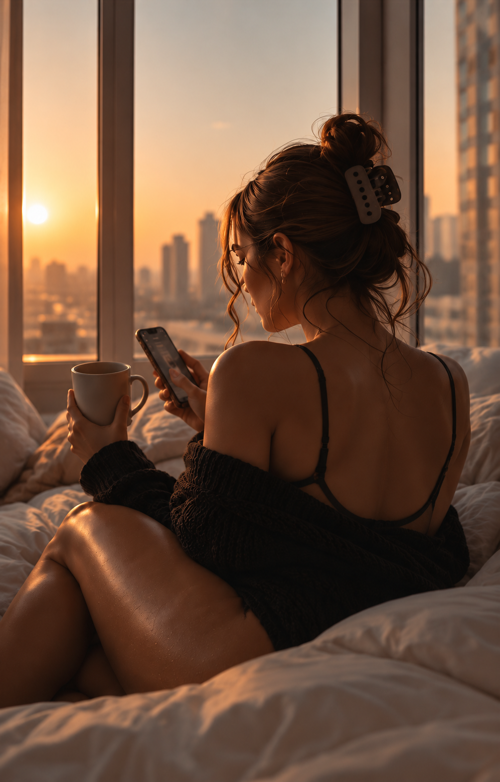 Woman relaxing at home with her phone and coffee, representing flexible remote working opportunities with FBAngels.