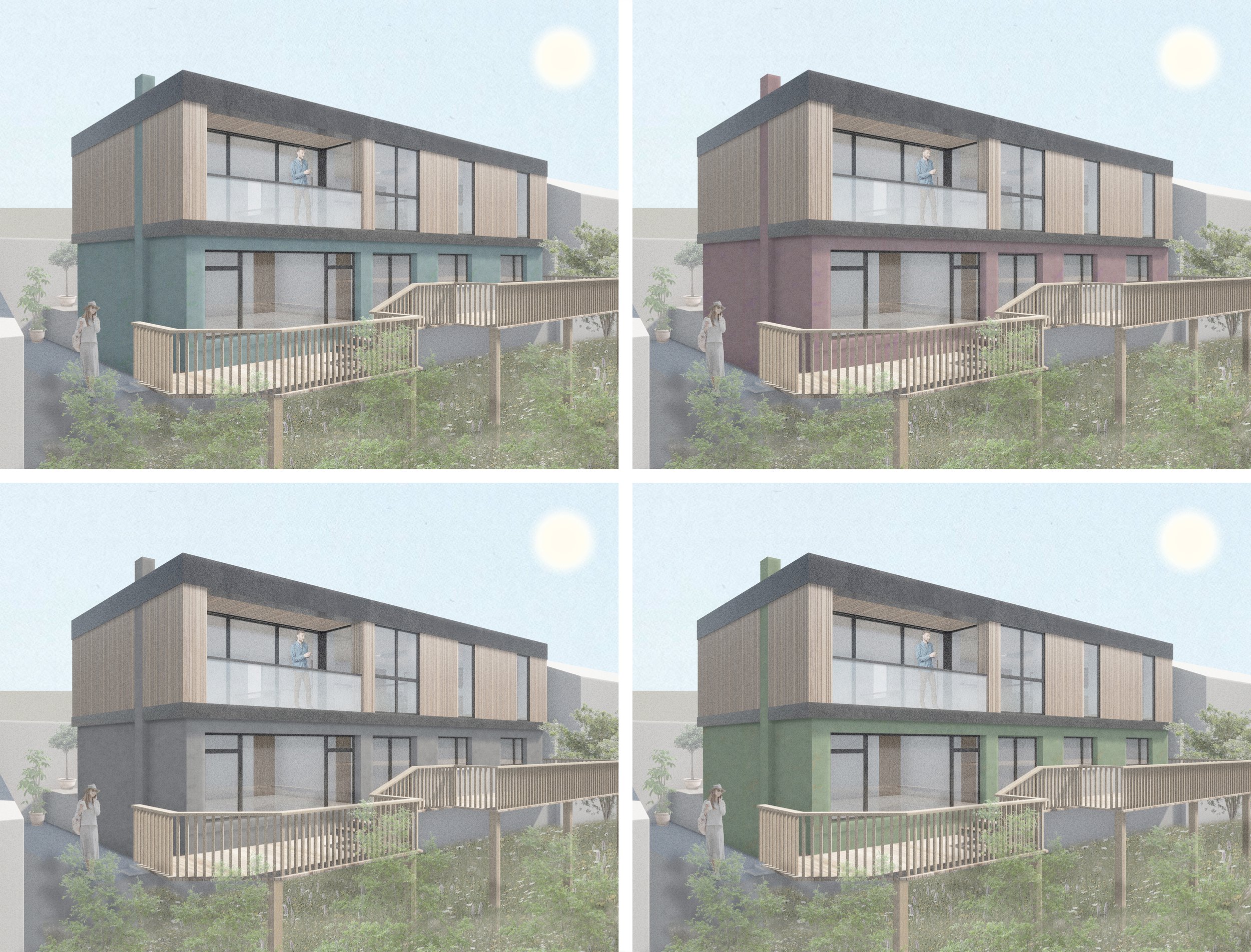 Four architectural renderings of a modern two-story house with variations in exterior wall colors: teal, burgundy, gray, and green. Each version shows a wooden balcony, large windows, and a person standing outside. The environment includes trees and shrubs, and the sky is clear with the sun shining.