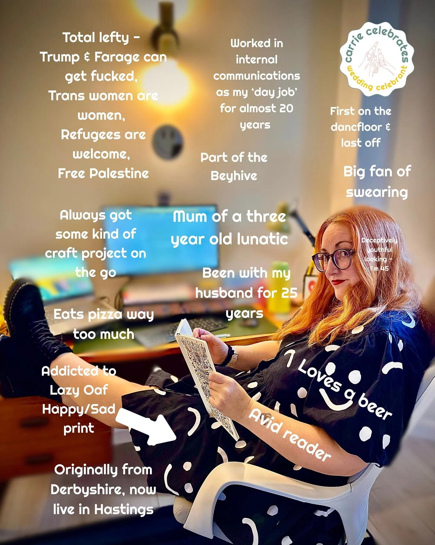 Wedding show season means new followers, so here&rsquo;s some absolutely essential info about me 🍕🍺🖕🏻📚🐝👦🏼

#UKcelebrant #weddingcelebrant #loveforall #celebrantwedding #alternativeweddings #alternativeweddingideas #inclusivecelebrant #celebra