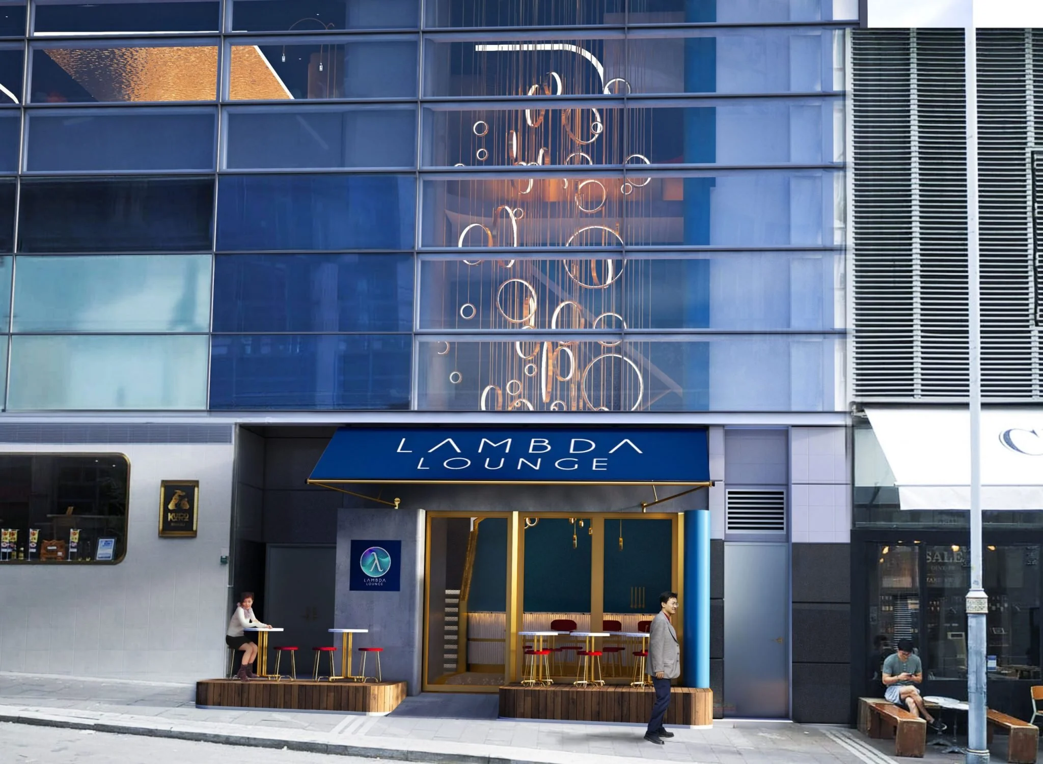 Bar and lounge at 108 Hollywood Road, Hong Kong, where the Greek concept of 'wavelength' is expressed through stainless steel ripple panels and subtle classical architectural references.