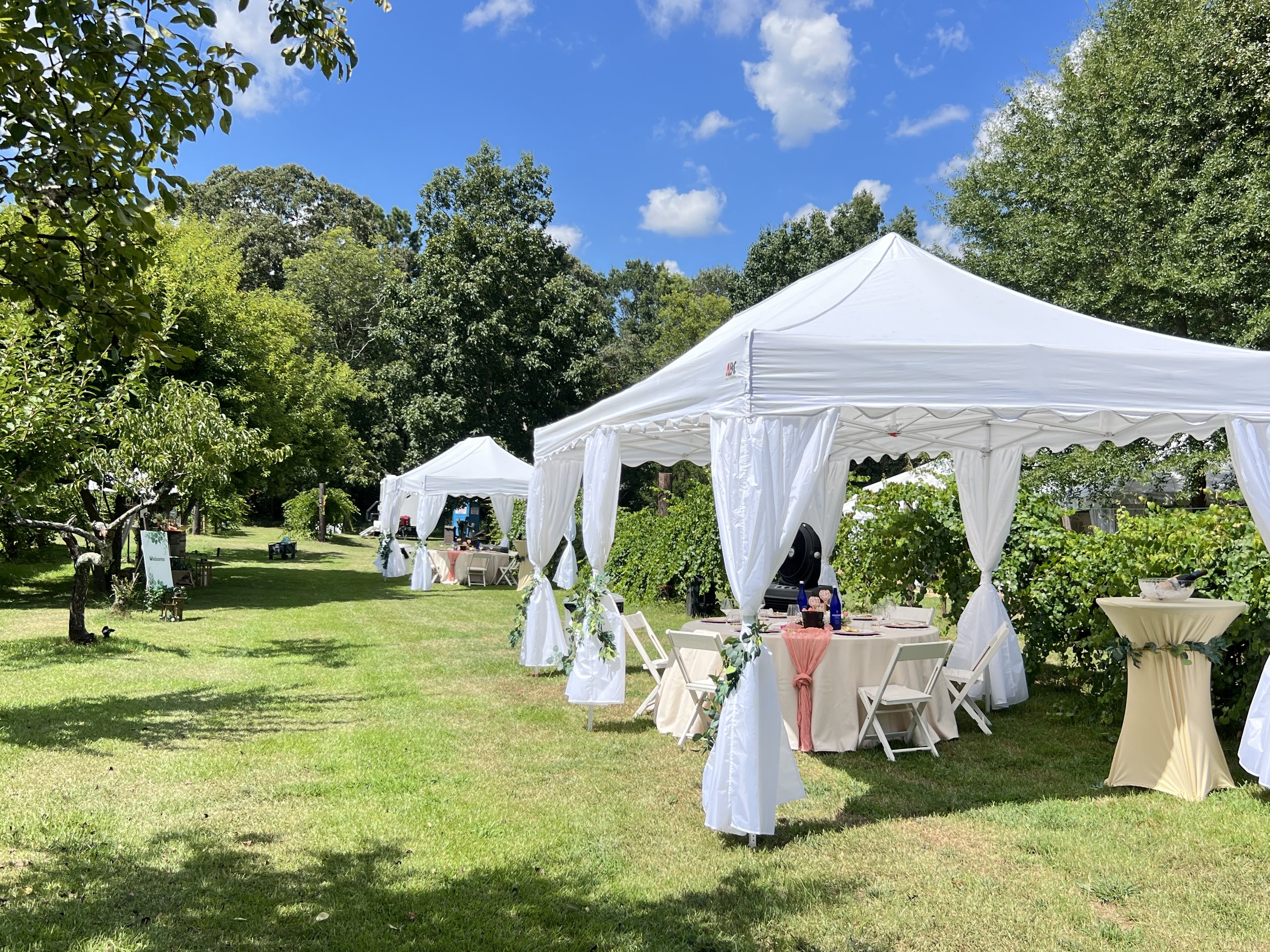 Outdoor event setup with white tents, round tables with beige tablecloths and chairs, on a grassy lawn surrounded by trees and a blue sky with clouds.