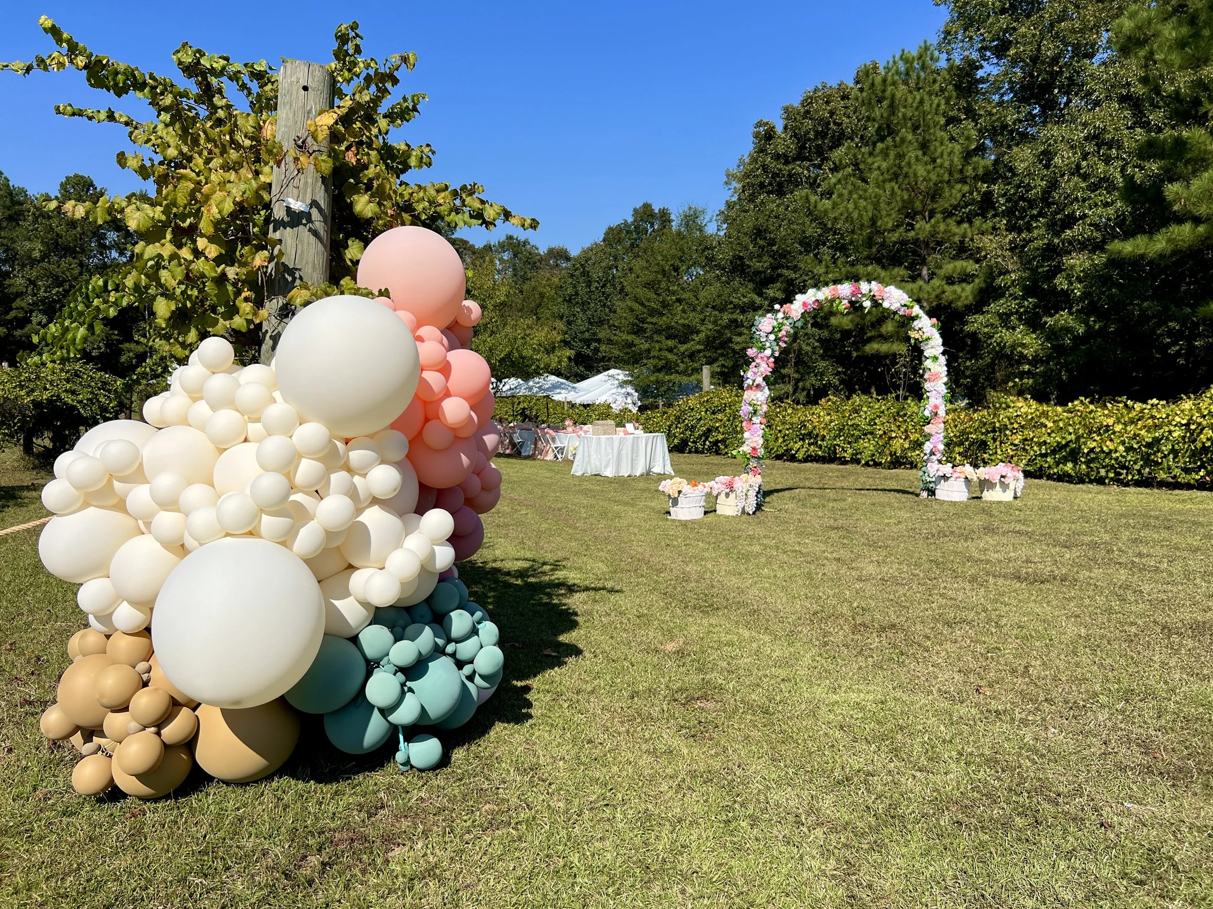 Pastel-colored balloon arrangement on a grassy outdoor wedding or event venue with a floral arch in the background against trees and blue sky.
