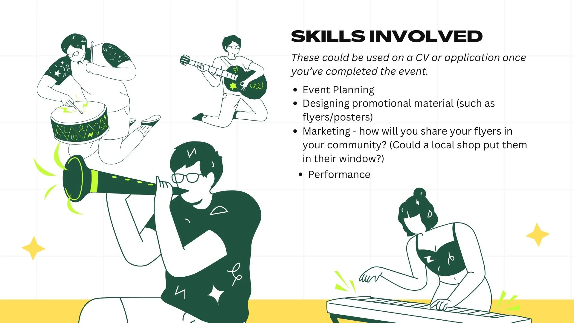 Drawings of musicians surround text that can be read below