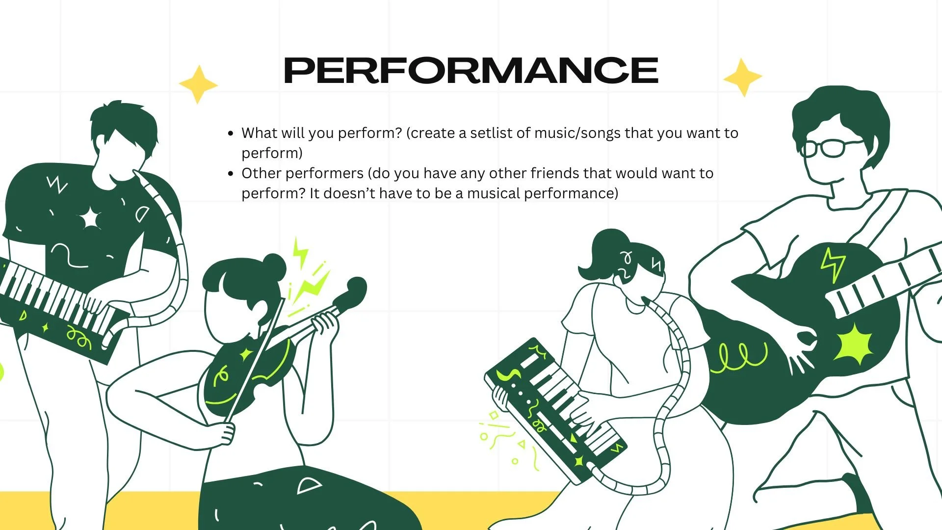 Drawings of musicians surround text that can be read below