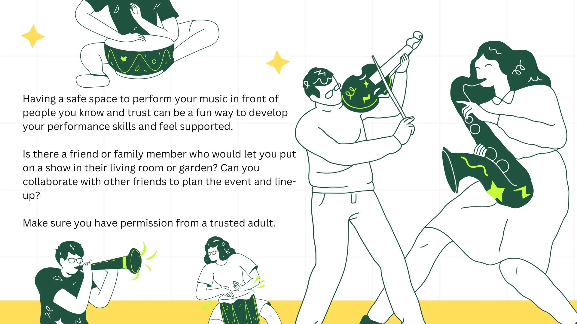 Drawings of musicians surround text that can be read below