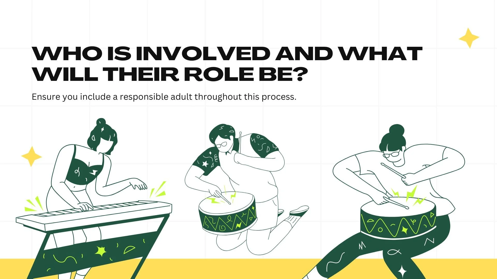 Drawings of musicians surround text that can be read below