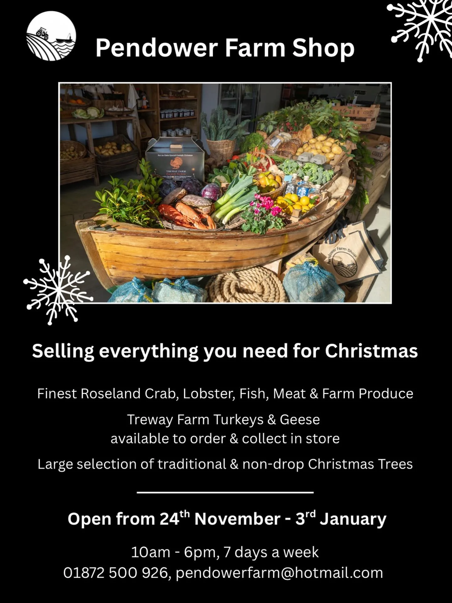 With Christmas fast approaching we are starting to get  organised: We are currently closed but taking orders now. We will be back open on the 24th November 10am-6pm everyday. 

We will once again be stocking our locally grown beautiful non drop Chris