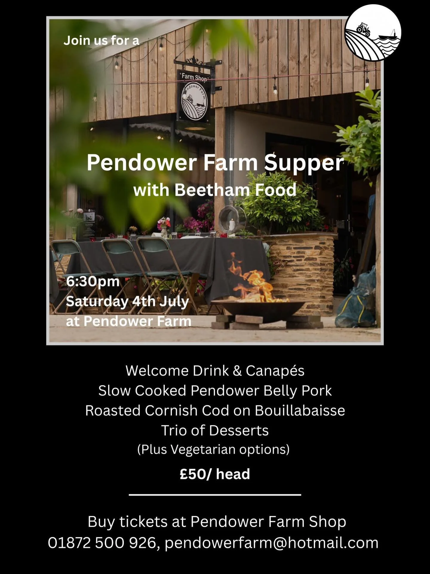 Join us for our second Pendower Farm Supper:

6:30pm, Saturday 4th July 

This time we are excited to welcome @beethamfood to the farm. They will be cooking up some of our Pendower pork, and fish from our local fishing fleet. The menu sounds amazing.