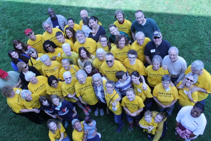 Members of New Jerusalem Lutheran Church waving. Lovettsville, Virginia.