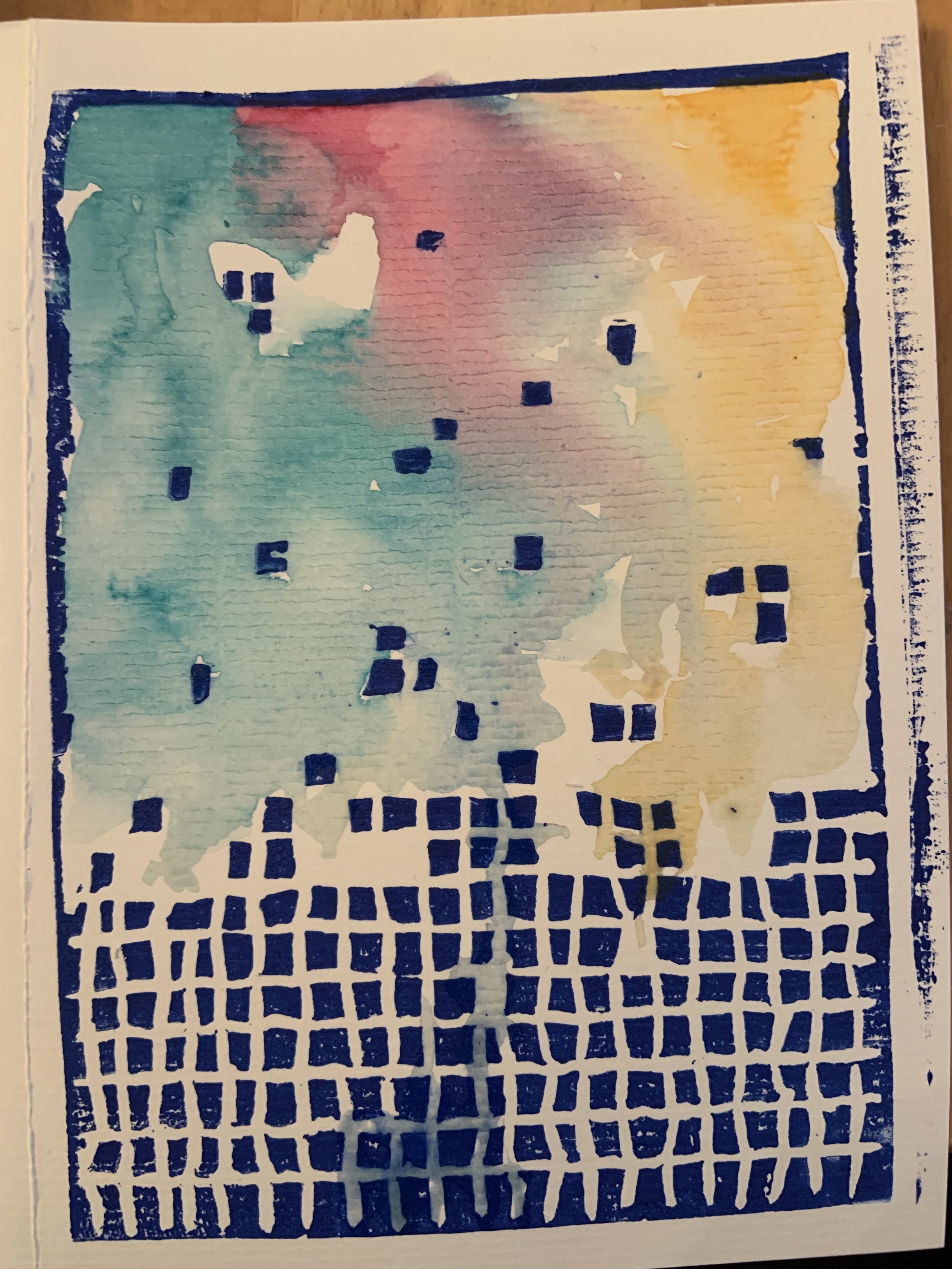 „Erinnerungen, koloriert“ - Linoldruck und Aquarellfarbe auf Papier, A5, 2023