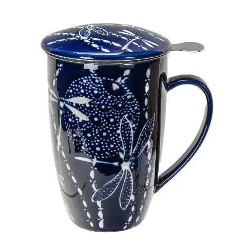 Dragonfly Design Tea Mug with Infuser & Lid | 15 oz Porcelain Mug