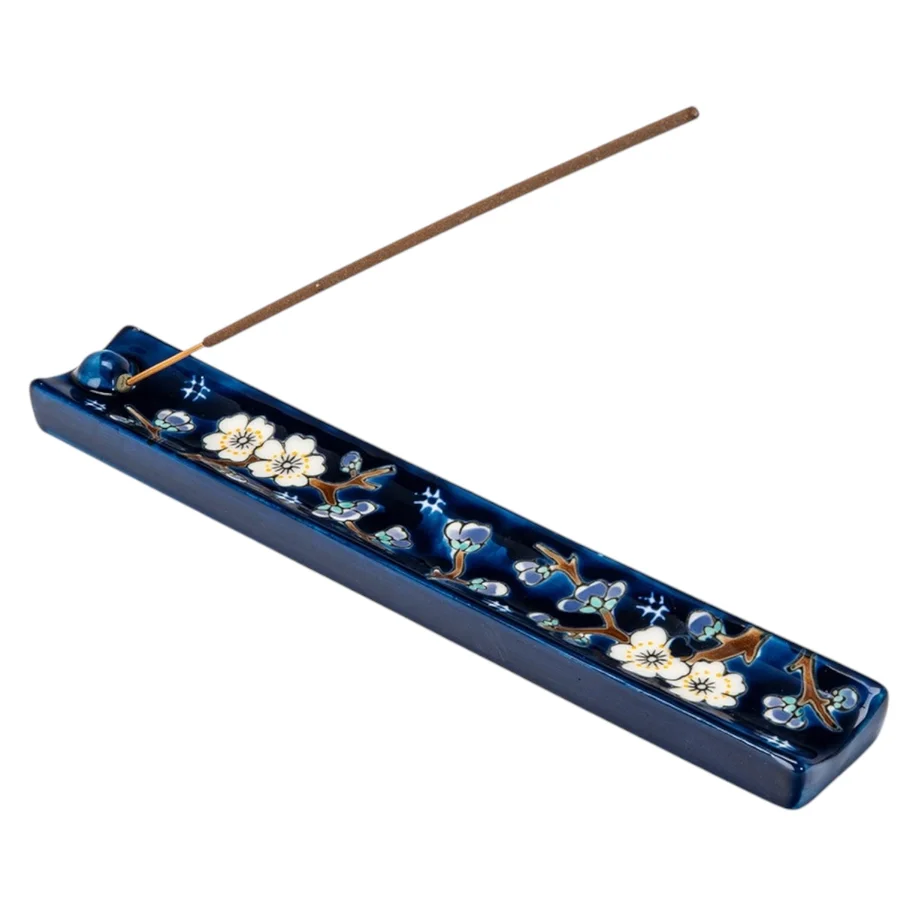 Hand-Painted Ceramic Plum Blossoms Incense Holder – 9" Stick Burner Tray