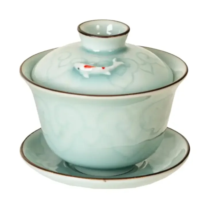 Sky Blue Koi Gaiwan Tea Brewing Cup – 5oz Porcelain Gaiwan with Lid