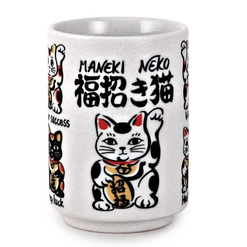 Japanese Lucky Cat Yunomi Tea Cup – Reactive Glaze Porcelain, 9 fl oz
