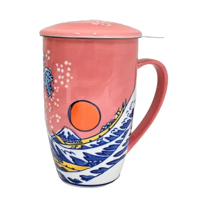 Sunset Wave Design 15oz Tea Mugs with Lid and Infuser For Loose Leaf Tea
