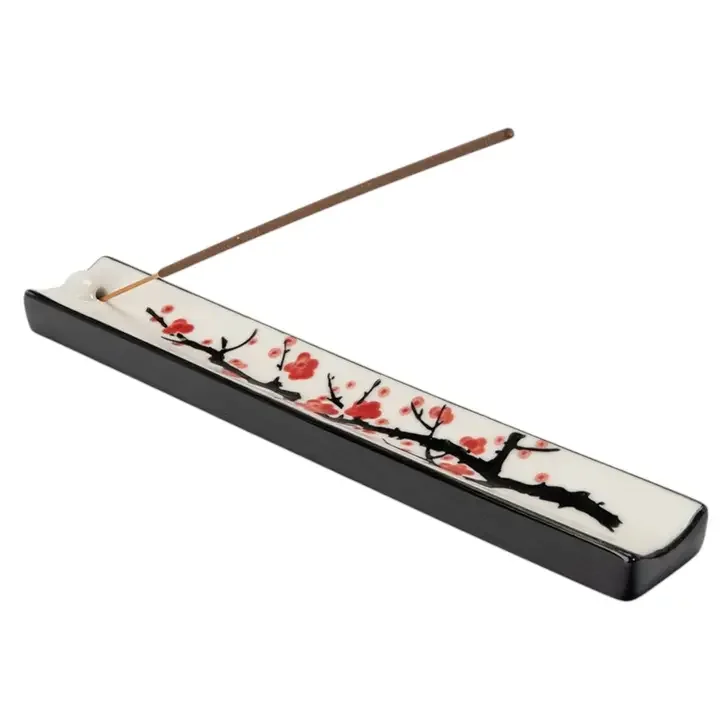 Hand-Painted Ceramic Cherry Blossoms Incense Holder – 9" Stick Burner Tray