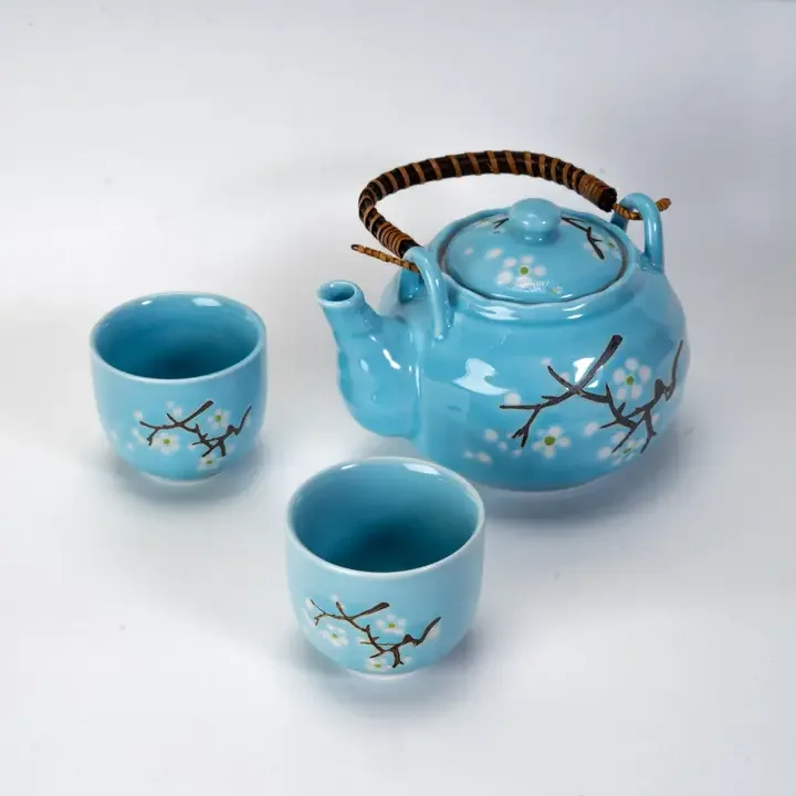 Blue Sakura Cherry Blossom Porcelain Tea Set – 22oz Teapot with 2 Cups & Strainer