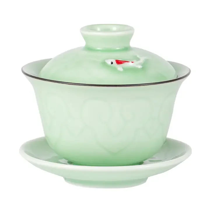 Celadon Green Koi Gaiwan Tea Brewing Cup – 5oz Porcelain Gaiwan with Lid