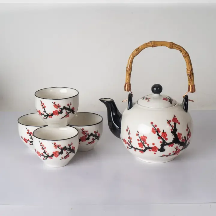 Cherry Blossoms Porcelain Tea Set – 30 oz Teapot with 4 Cups & Stainless Steel Strainer
