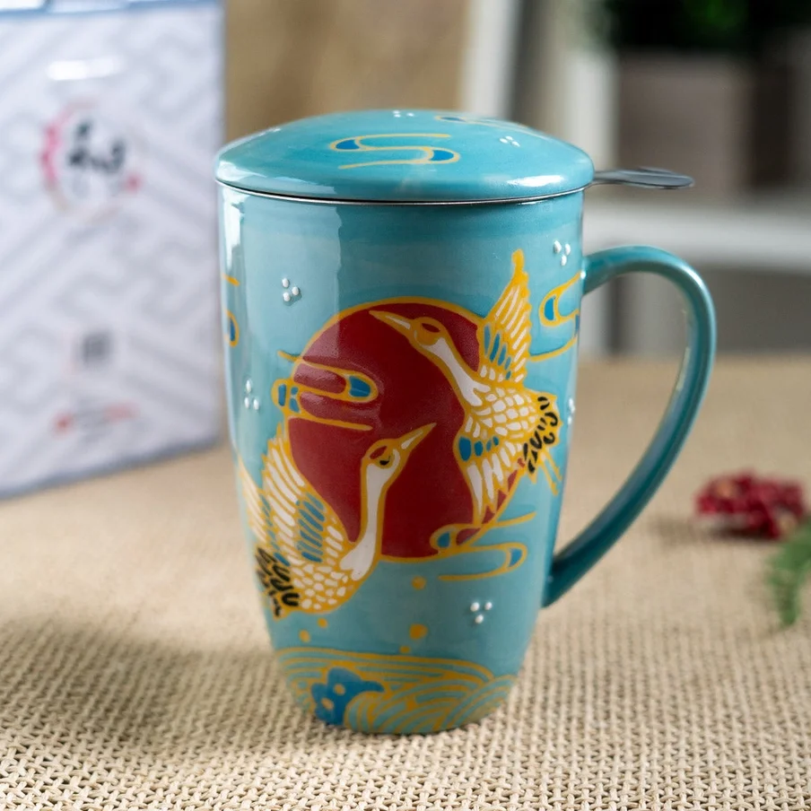 Japanese Crane Design 15oz Tea Mugs with Lid and Infuser For Loose Leaf Tea