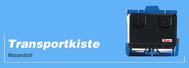 Grafik einer wasserdichten Transportkiste mit blauer Hintergrund und einem schwarzen Koffer