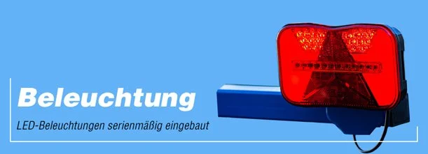 Ein rotes LED-Warnlicht gegen blauen Hintergrund mit Text zur LED-Beleuchtung.