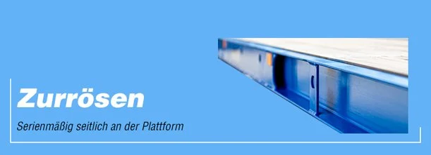 Blaue Plattform mit Zurrösen von Transportwagen, spezialisiert auf seitliche Befestigung an einer Plattform.