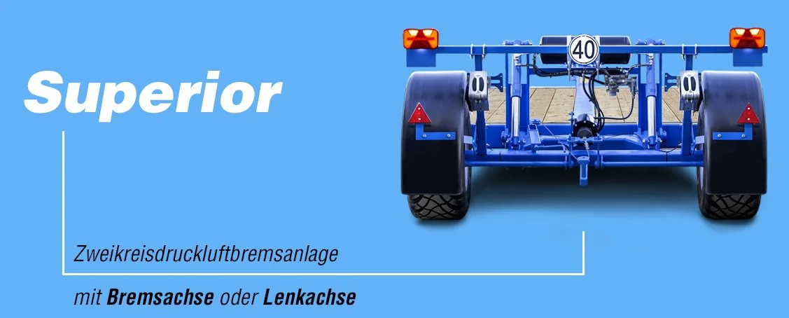 Anzeigebild eines blauen Zweikreisdruckluftbremsanlagenfahrzeugs mit Lenkachse oder Bremsachse auf blauem Hintergrund, Text beschreibt die Komponente.