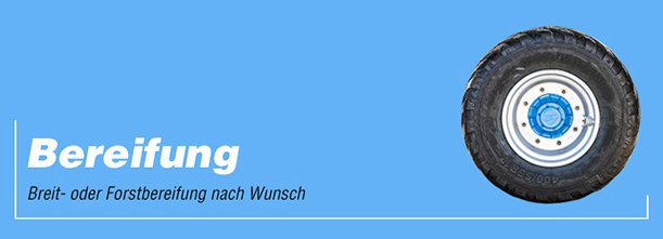 Breite Reifen für den Plattformwagen auf blauem Hintergrund mit Text