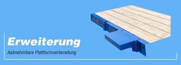 Abnehmbare modulare Plattform mit Holzdeck und mechanischen Erweiterungen von 2,45m auf 3m Arbeitsbreite.