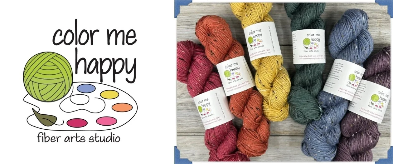 ColorMeHappy Fiber Arts logo of palette of natural dye colors, with a ball of yarn and a leaf