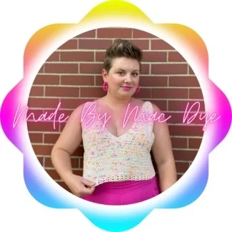 Made by Mac Dye Logo with a photo of Mackenzie in front of a red brick wall wearing a handmade tank top in speckled yarn