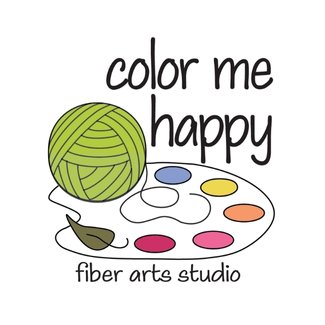 ColorMeHappy Fiber Arts logo of palette of natural dye colors, with a ball of yarn and a leaf