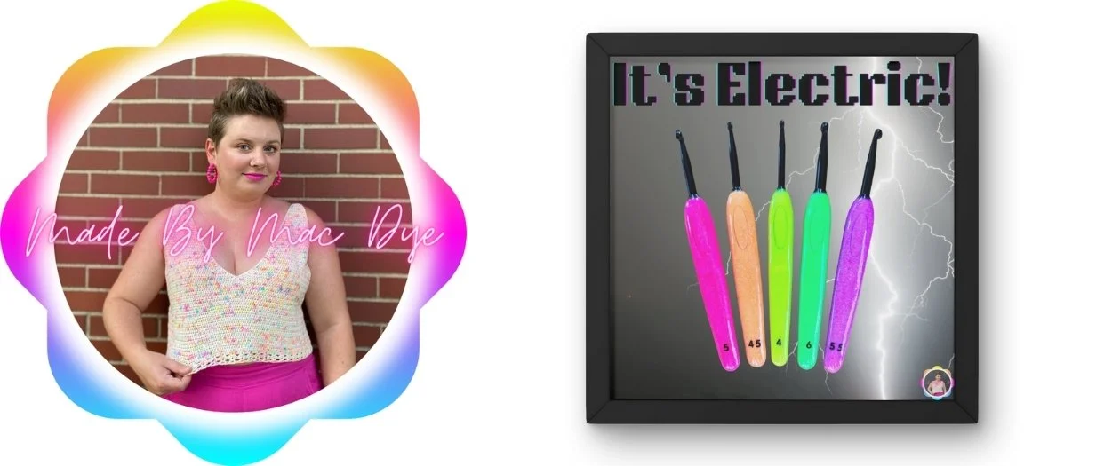 Made by Mac Dye Logo with a photo of Mackenzie in front of a red brick wall wearing a handmade tank top in speckled yarn