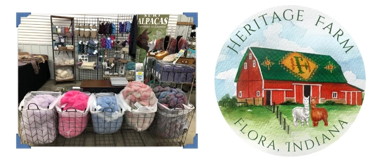 Heritage Farm Logo with a red barn and alpaca