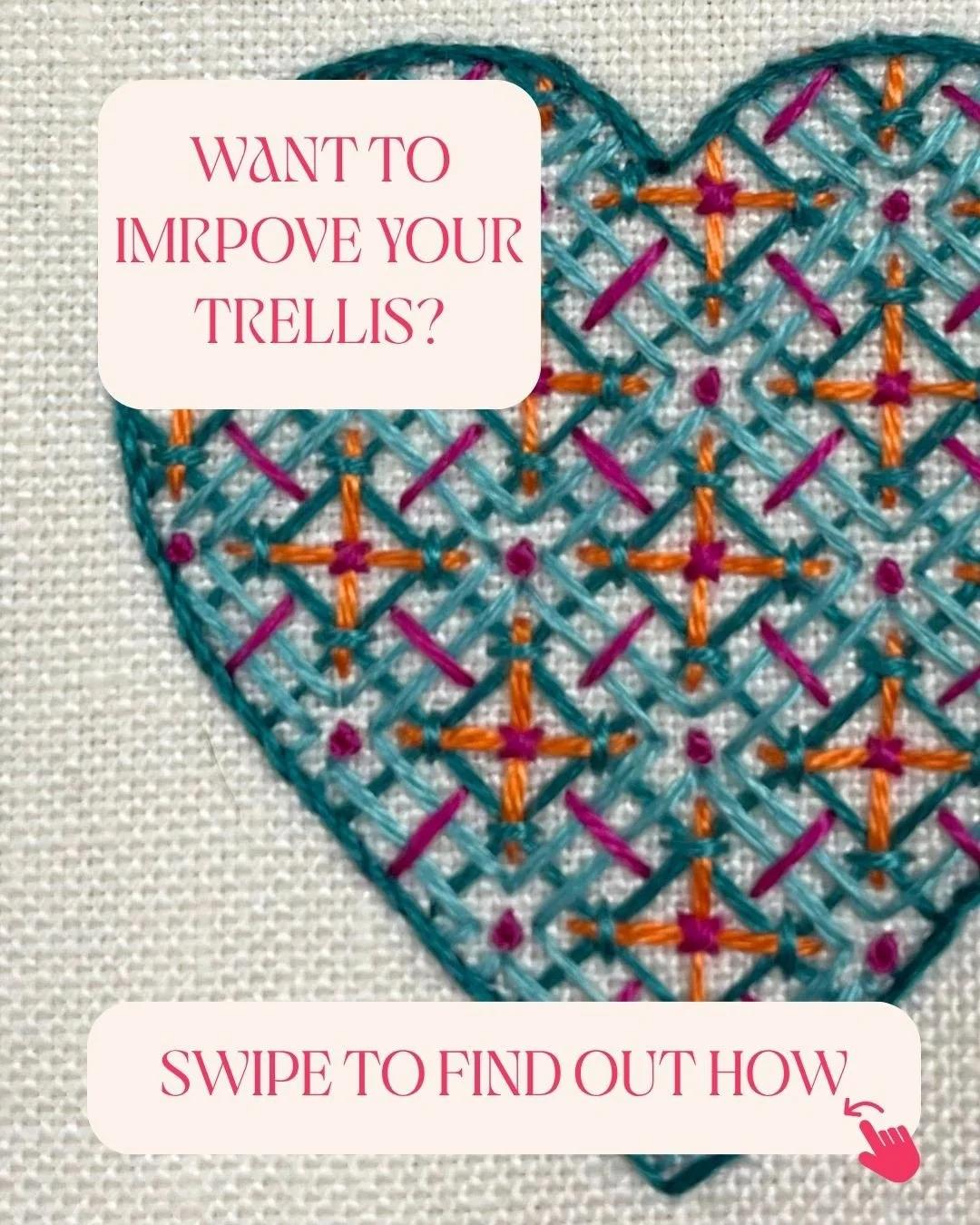 Want a neater trellis? Here are some of my favourite tips to help you achieve consistent, even results.

Here&rsquo;s a little more on each tip:
1. Before pulling the thread through the fabric, use your needle as a guide to check the spacing is equal