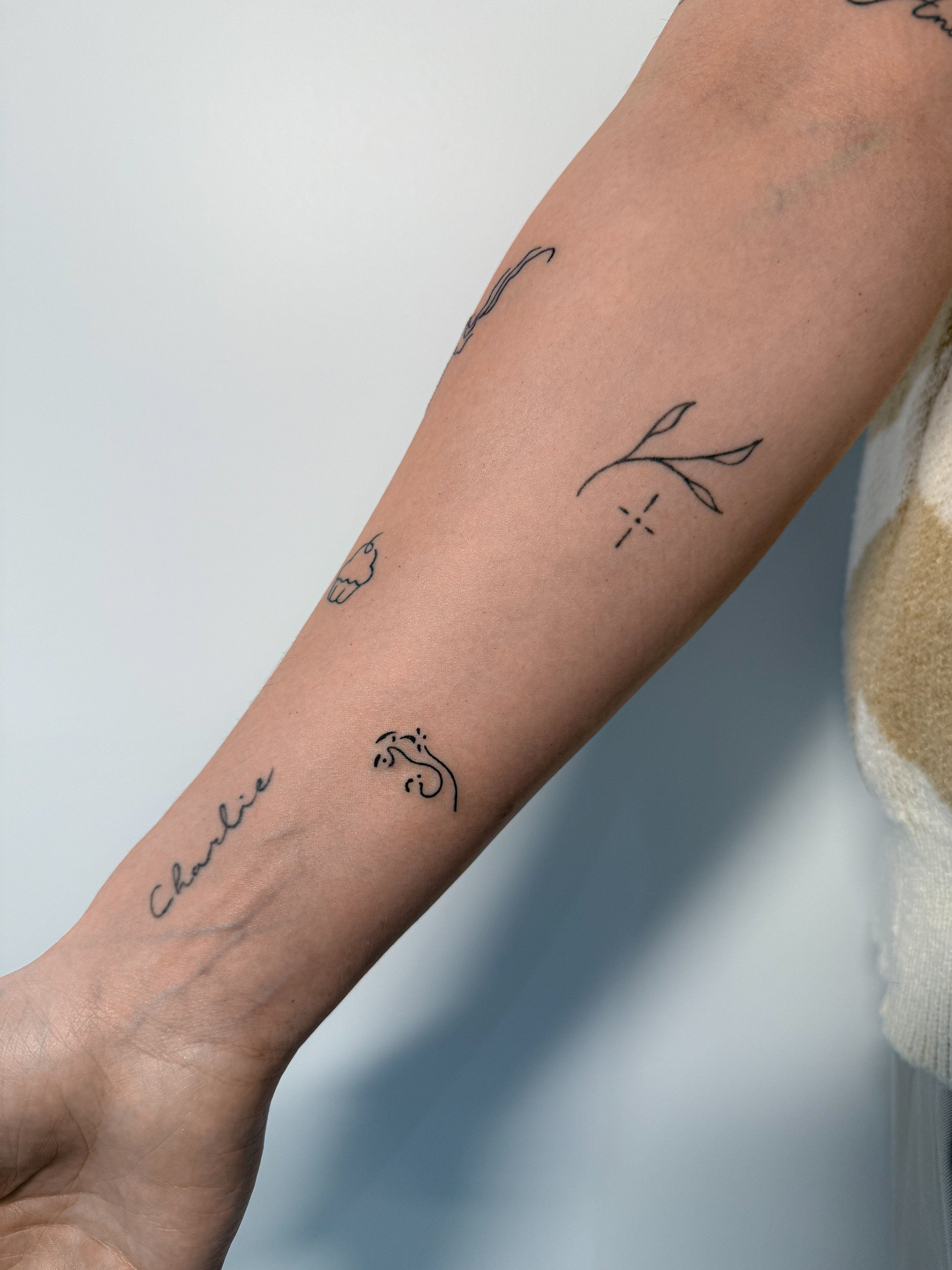 Een arm met verschillende kleine, minimalistische tatoeages zoals een lelie, een dier en een tekst die 'cherish' betekent.
