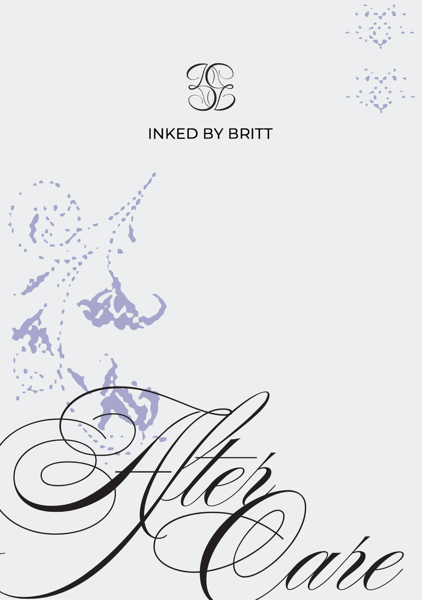 Een grafisch ontwerp met de tekst 'Hele' in sierlijke kalligrafie, vergezeld van blauwe bloemillustraties en de tekst 'INKED BY BRITT' erboven.