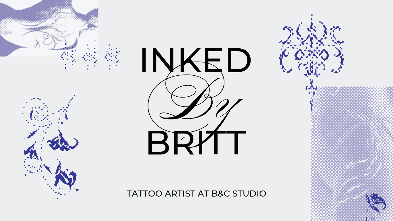 Logo en tekst voor 'Inked by Britt', inclusief printachtige grafische elementen en de vermelding dat de tatoeëerder bij B&C Studio werkt.