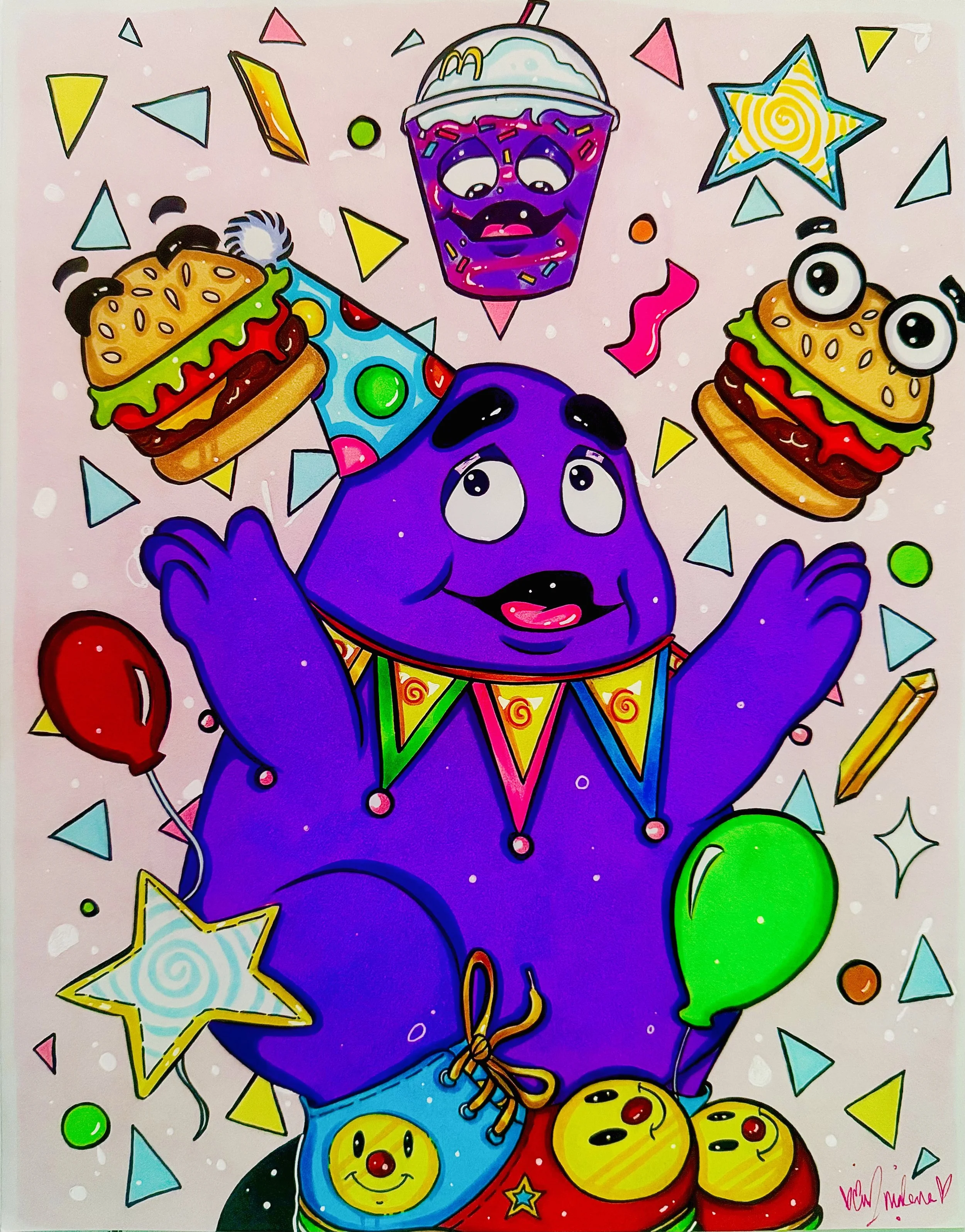 A colorful, cartoon-style illustration of a purple cartoon creature celebrating with balloons, confetti, and party hats. The creature wears a party hat and a colorful collar, and it holds a green balloon. There are two smiley faces on the creature's legs, and a smiling face on a yellow balloon. The background is pink with various multicolored confetti and geometric shapes.