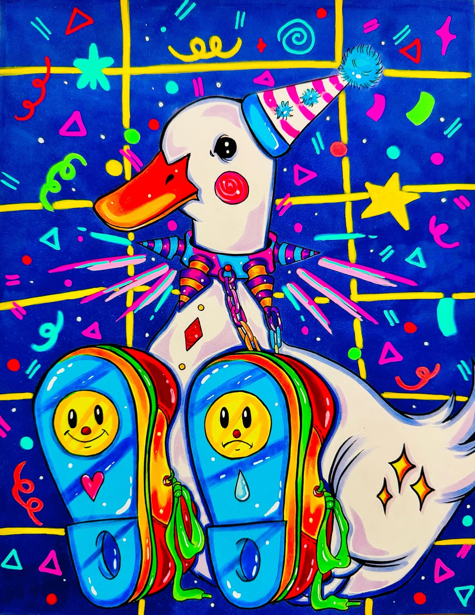 Colorful cartoon style image of a cheerful duck wearing a party hat sneakers