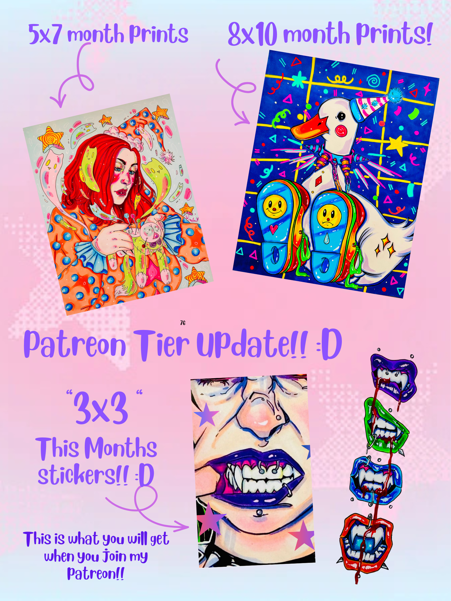 Promotional digital artwork advertising custom monthly art prints and sticker packs available on Patreon. Features two colorful, cartoon-style illustrations of a woman with red hair and a person with a stork head, with playful, vibrant backgrounds. Text highlights 5x7 and 8x10 inch prints, monthly updates, sticker packs, and a call to join the creator's Patreon.