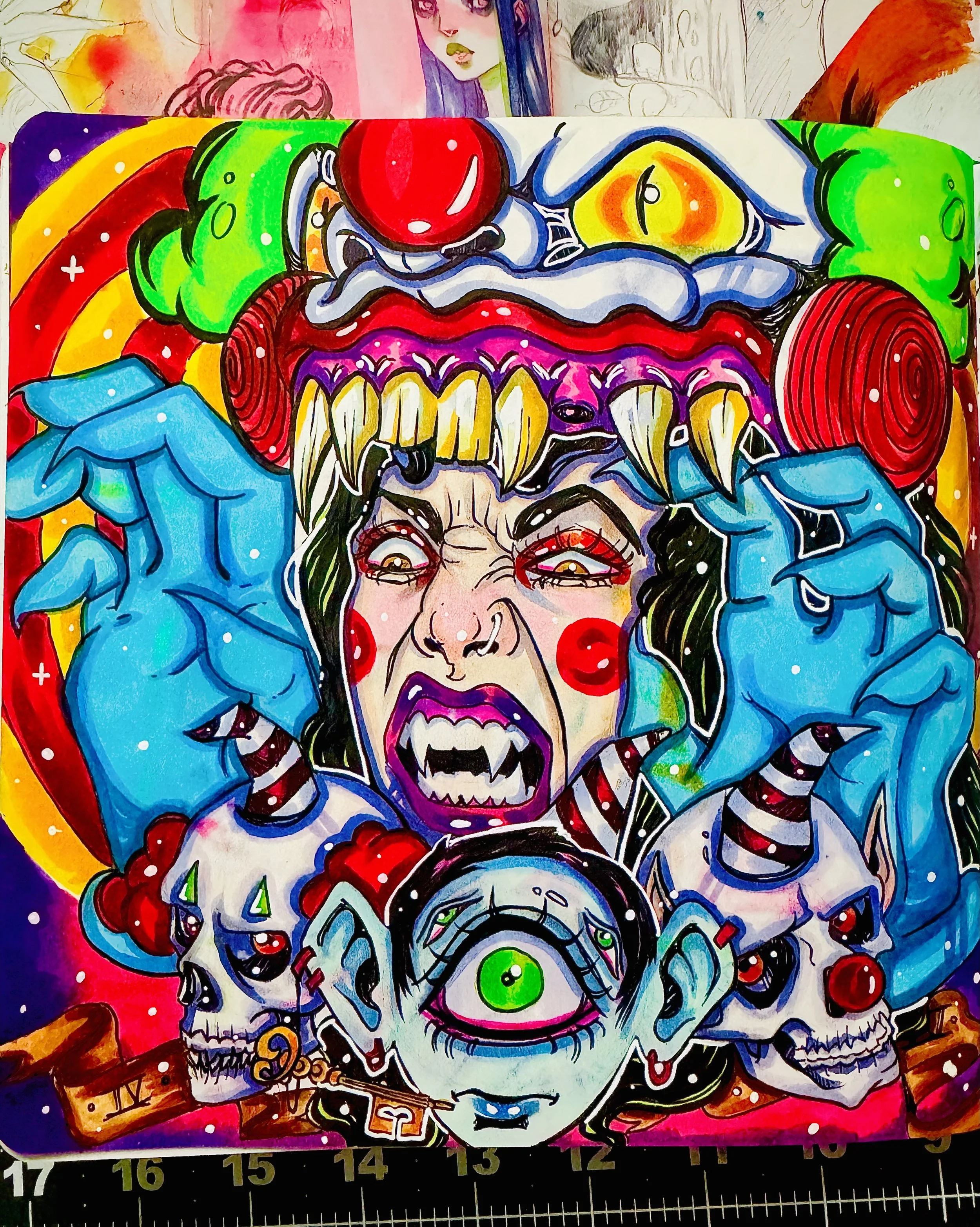 Colorful, expressive artwork of a woman's face surrounded by skulls, monsters, rainbows, and vibrant abstract elements.