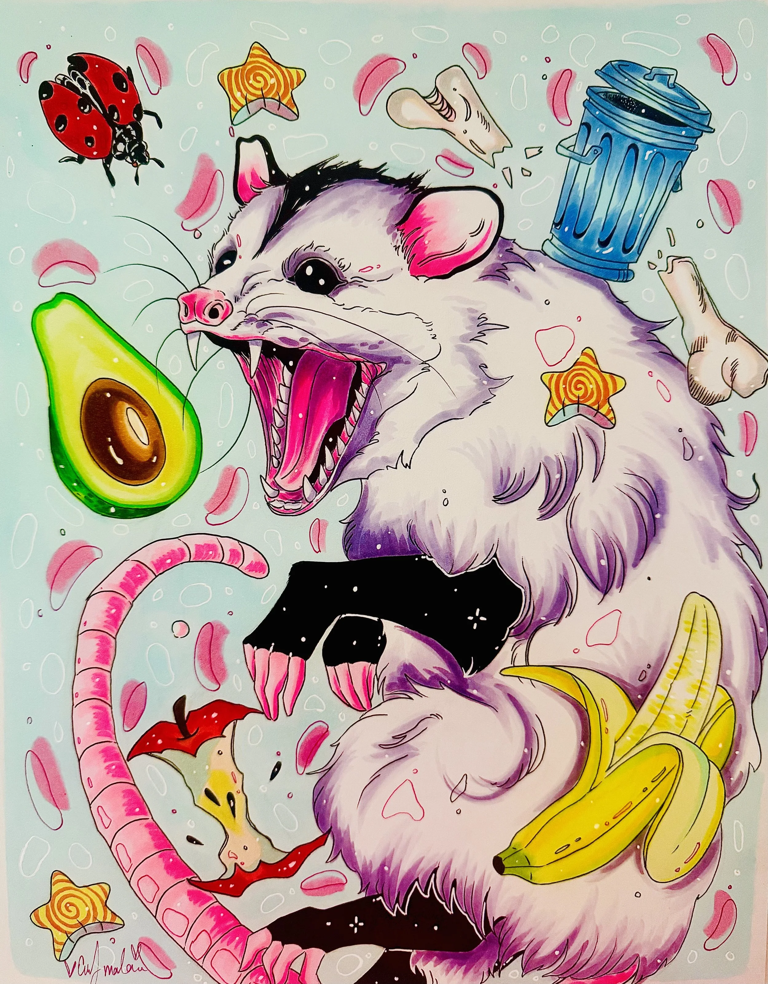 A whimsical illustration of a screaming wolf with purple and white fur, surrounded by floating food items including bananas, a slice of avocado, and a half-an-egg, as well as star-shaped candies, a ladybug, and a trash can. The background is filled with pink and white abstract shapes.