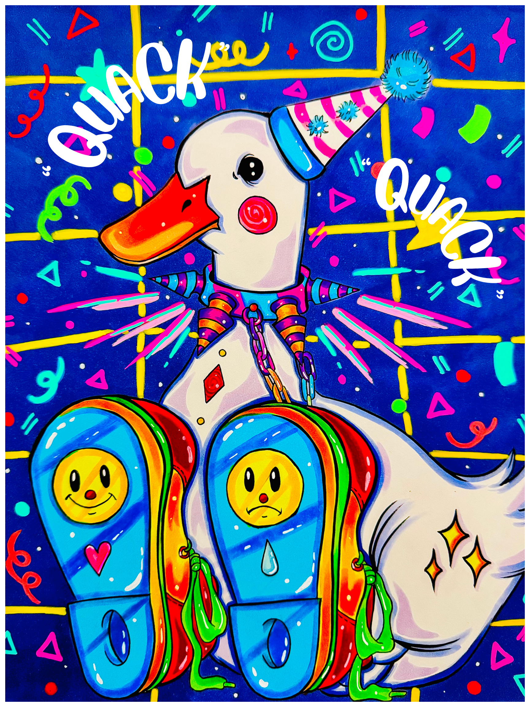 Colorful, cartoon-style image of a cheerful dog wearing a party hat, sneakers with smiley faces, holding green and red laces, surrounded by confetti, stars, and geometric shapes against a blue background with yellow grid lines, and the phrase "quack" written multiple times.