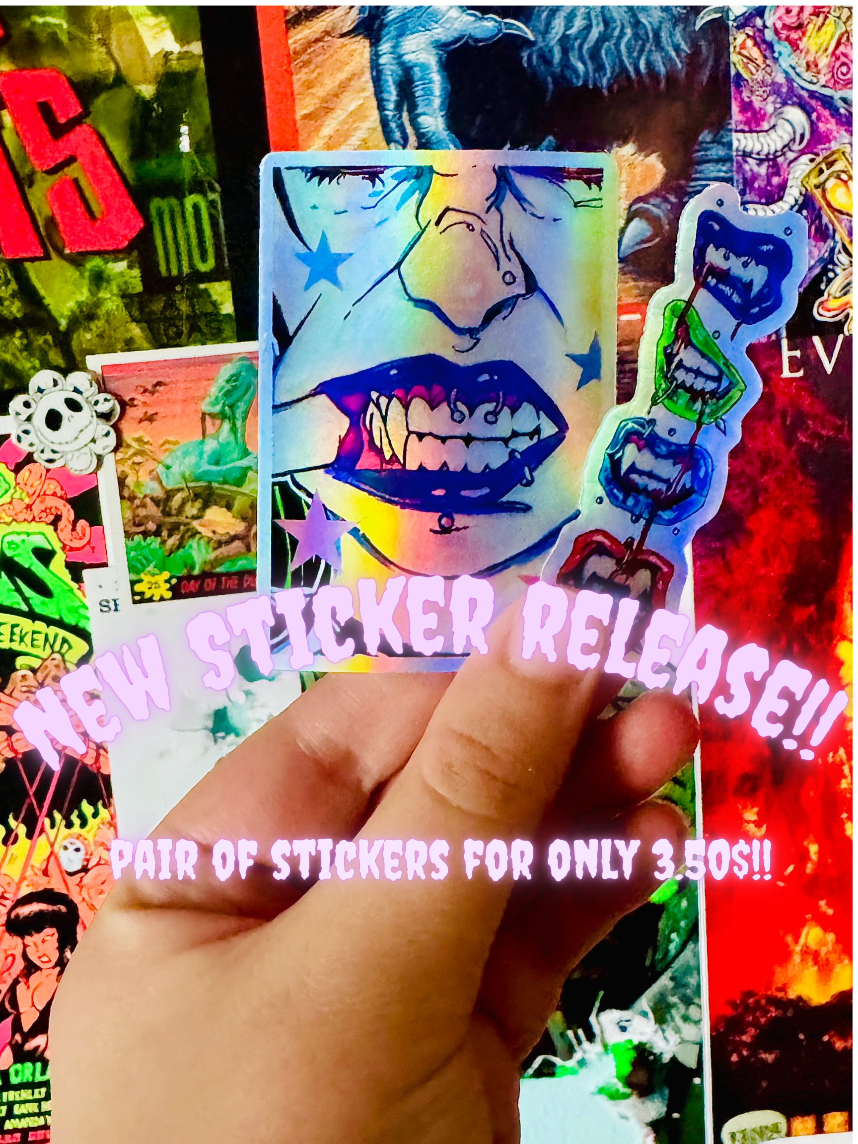 Colorful collection of stickers for sale, featuring various pop culture and artwork designs, with a hand holding a sticker depicting a screaming face and a clown with a green tongue.