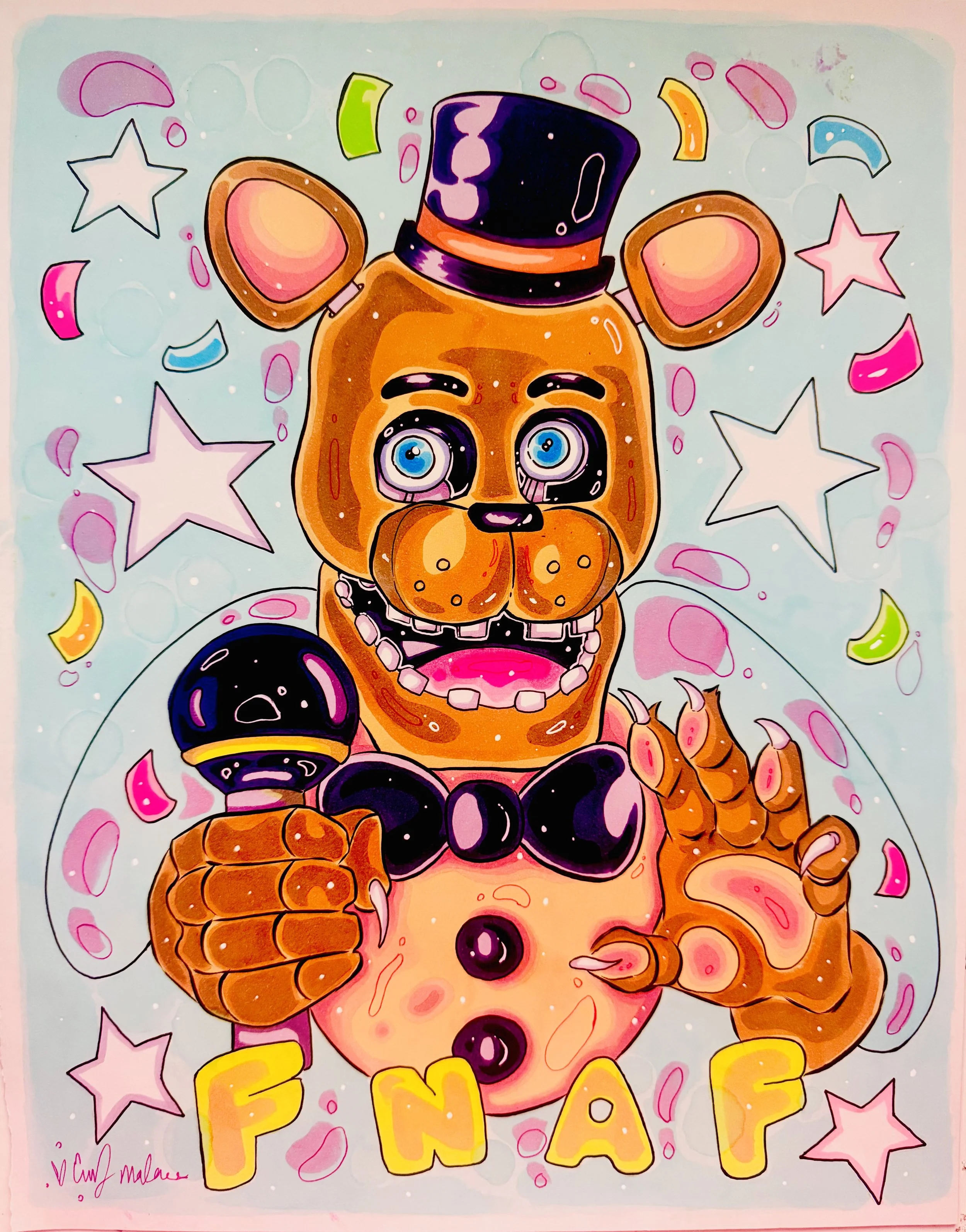 A colorful drawing featuring a cartoon dog with big blue eyes, wearing a black top hat with an orange band, and a black bow tie. The dog is holding a black ball and surrounded by pink and purple stars, and yellow and pink confetti. The caption "BE HAPPY