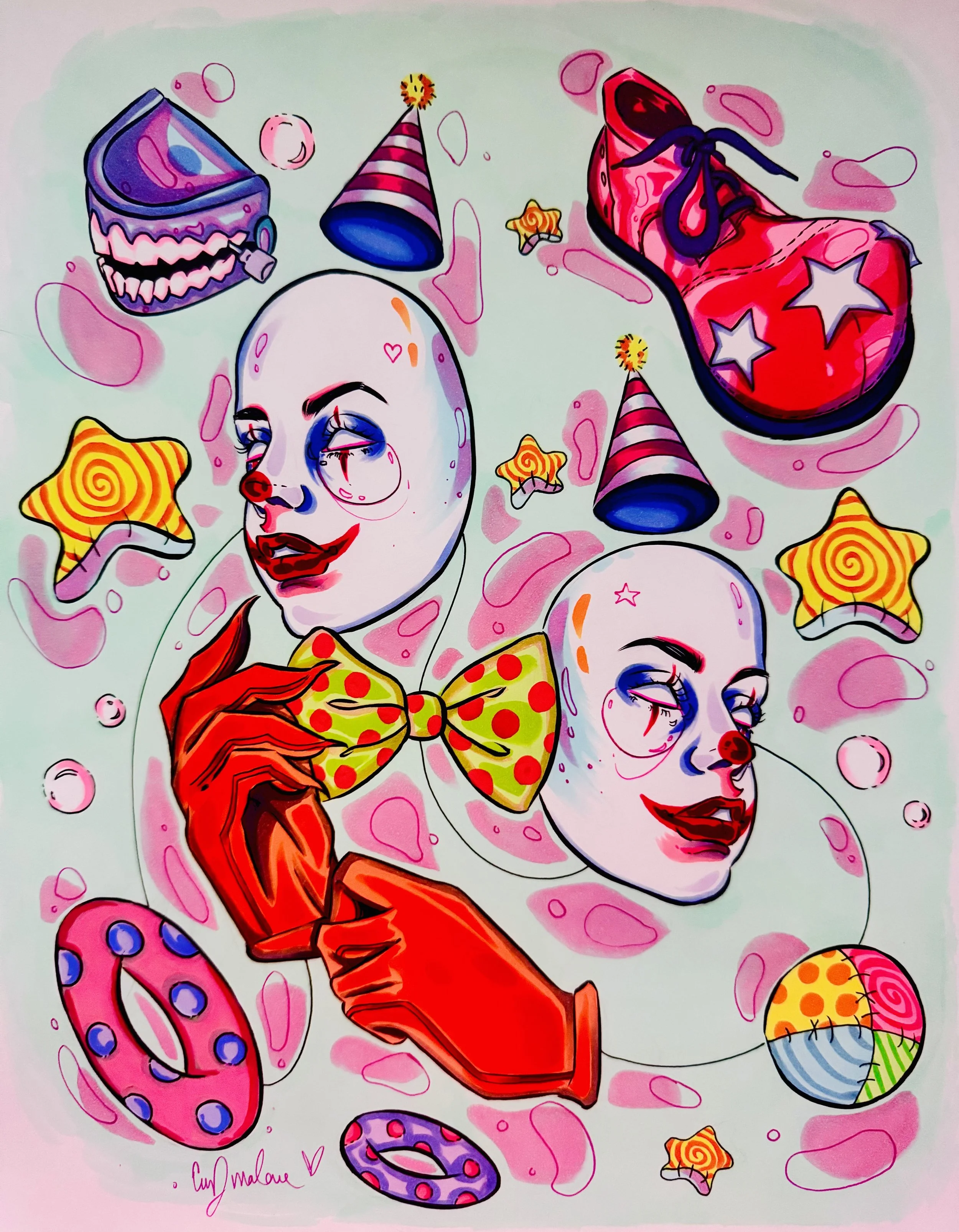 A colorful drawing of two clown faces with vibrant makeup, surrounded by gifts, stars, balloons, and party hats in a playful, whimsical style.