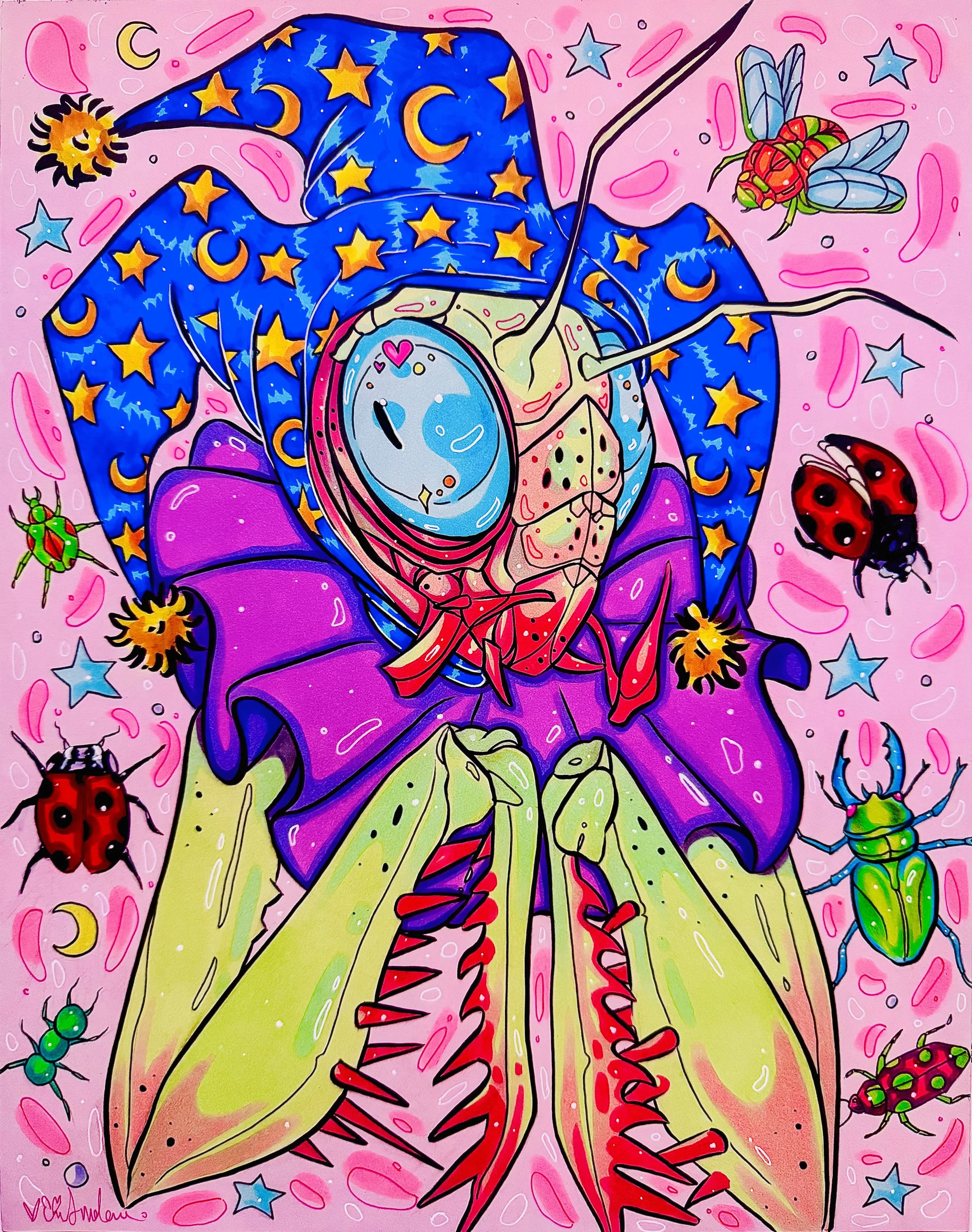 A colorful, whimsical illustration of a woman with insect and celestial motifs. She has green skin and is dressed in a purple outfit with yellow accents. Her hair appears to be a large, star-shaped hairdo decorated with celestial symbols like moons and stars. Around her, there are various insects, including ladybugs, beetles, and fireflies, set against a pink background with floating stars and moons.